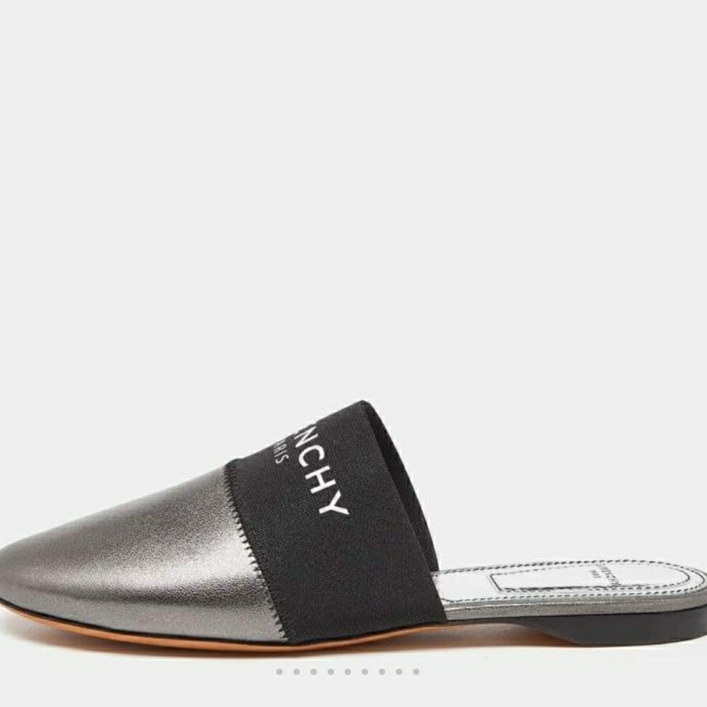 Givenchy Metallic Silver Pewter Leather and Slip-On Mule Shoes - Logo Black - Picture 3 of 7